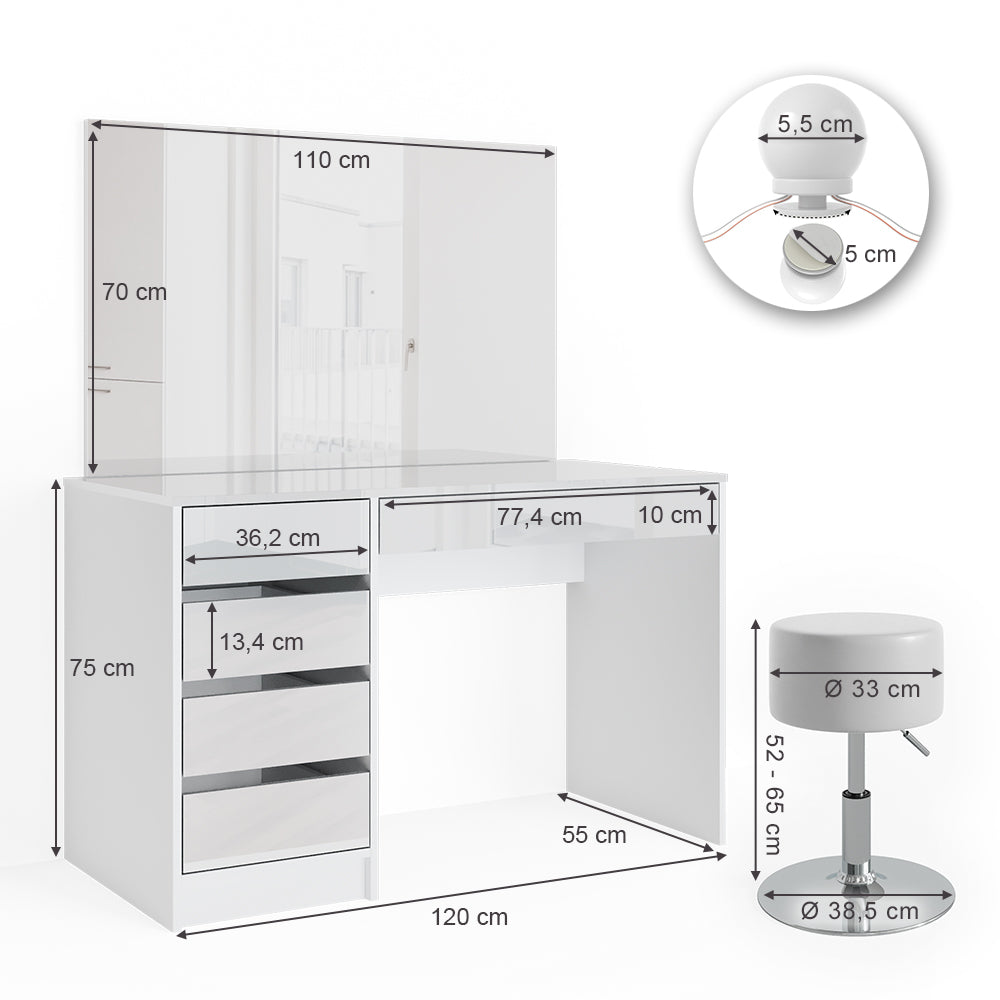 Vicco Tavolo da toeletta Bianco 55 cm con illuminazione LED e sgabello