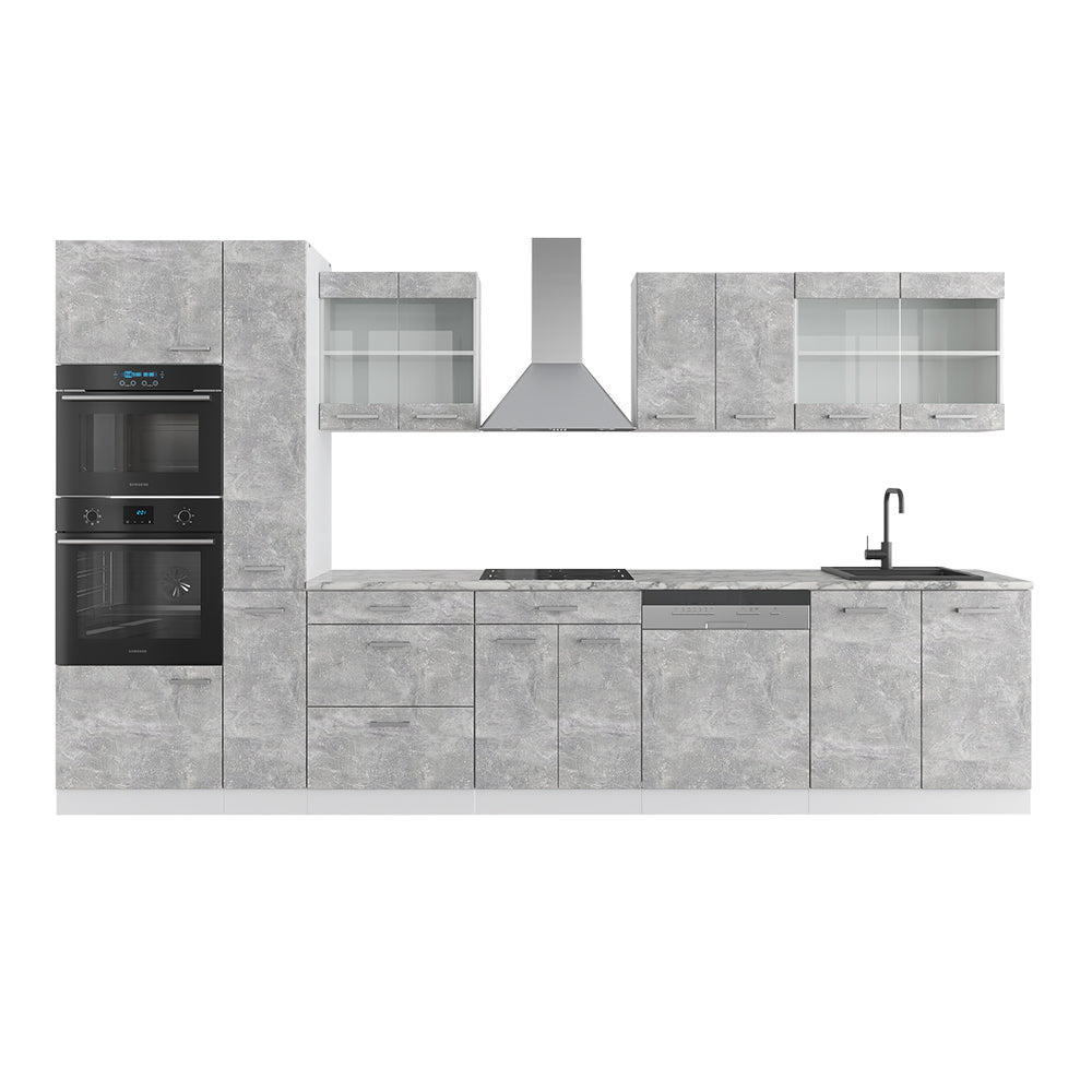 Vicco Cucina  Cemento/Bianco 350 cm con armadio alto, PL Marmo