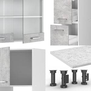 Vicco Cucina  Cemento/Bianco 350 cm con armadio alto, PL Marmo