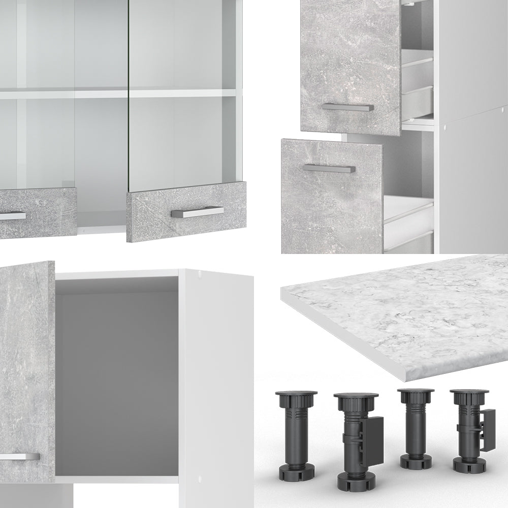 Vicco Cucina componibile Cemento/Bianco 350 cm con armadio alto, senza piano di lavoro