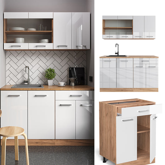 Vicco Cucina monoblocco Bianco lucido/oro power oak 140 cm , PL Marmo