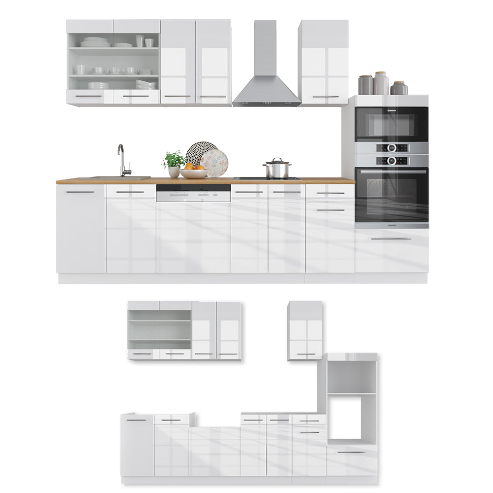 Vicco Cucina componibile Bianco lucido/bianco 300 cm con armadio alto, PL Rovere