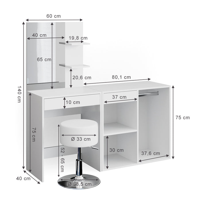 Vicco Tavolo da toeletta Bianco 60 cm con sgabello