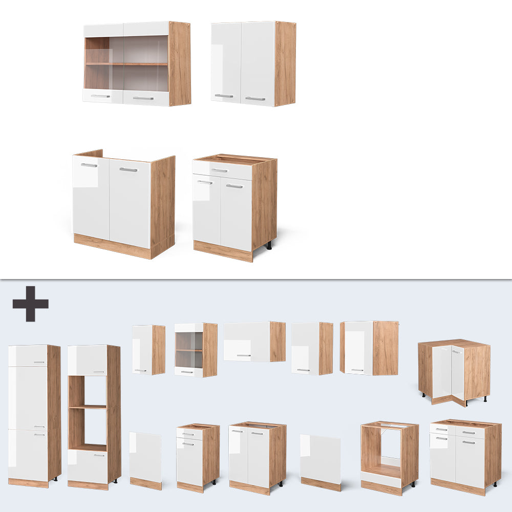 Vicco Cucina monoblocco Bianco lucido/oro power oak 140 cm , PL Rovere