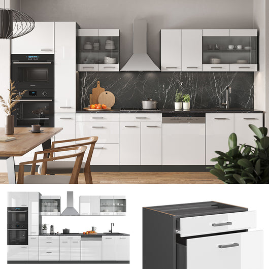 Vicco Cucina  Bianco lucido/antracite 350 cm con armadio alto, senza piano di lavoro