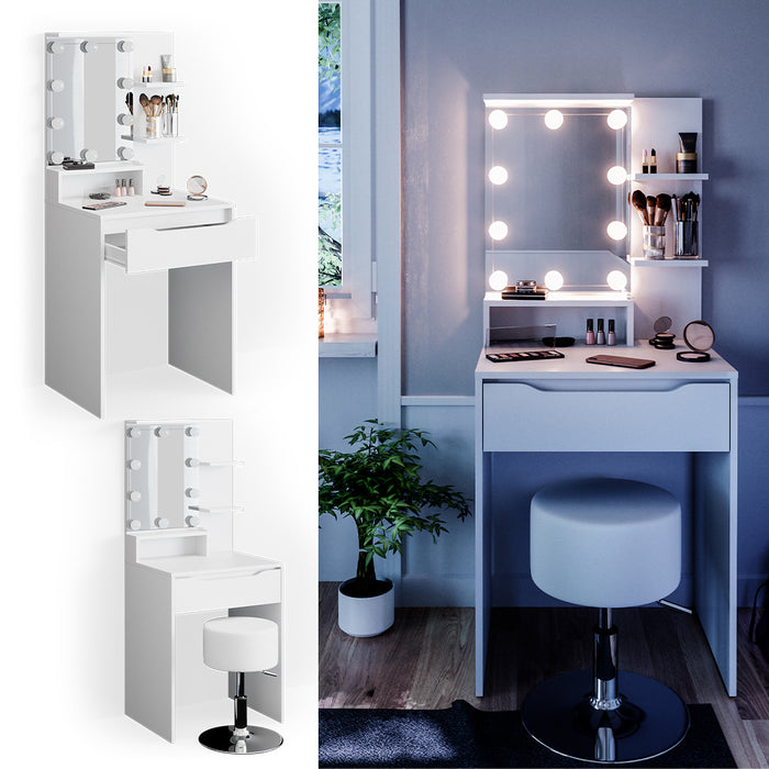 Vicco Tavolo da toeletta Bianco 60 cm con illuminazione LED e sgabello