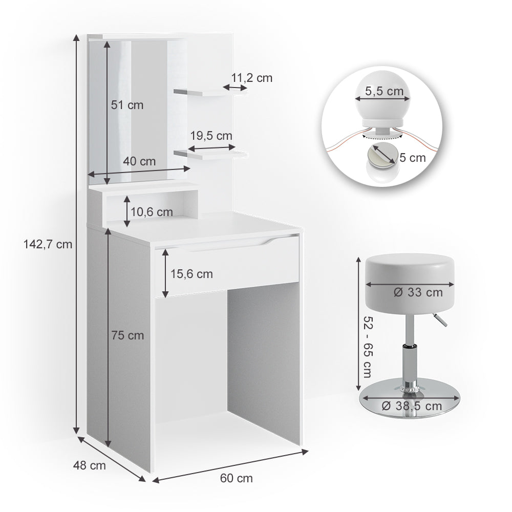 Vicco Tavolo da toeletta Bianco 60 cm con illuminazione LED e sgabello