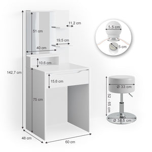 Vicco Tavolo da toeletta Bianco 60 cm con illuminazione LED e sgabello