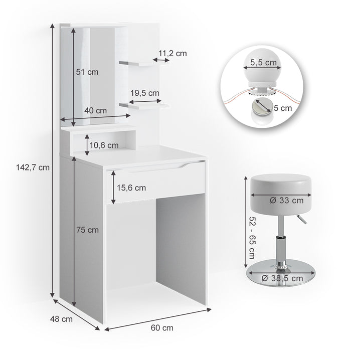 Vicco Tavolo da toeletta Bianco 60 cm con illuminazione LED e sgabello