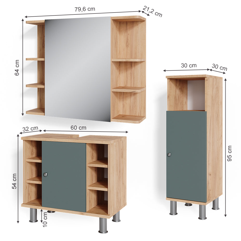 Vicco Set mobili bagno Verde 3 parti, con mobile midi