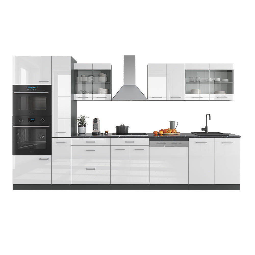 Vicco Cucina  Bianco lucido/antracite 350 cm con armadio alto, PL Rovere