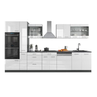 Vicco Cucina  Bianco lucido/antracite 350 cm con armadio alto, PL Rovere