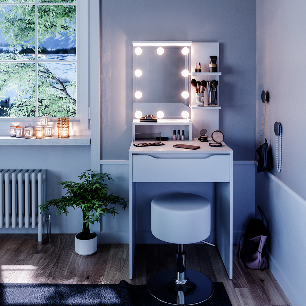 Vicco Tavolo da toeletta Bianco 60 cm con illuminazione LED e sgabello