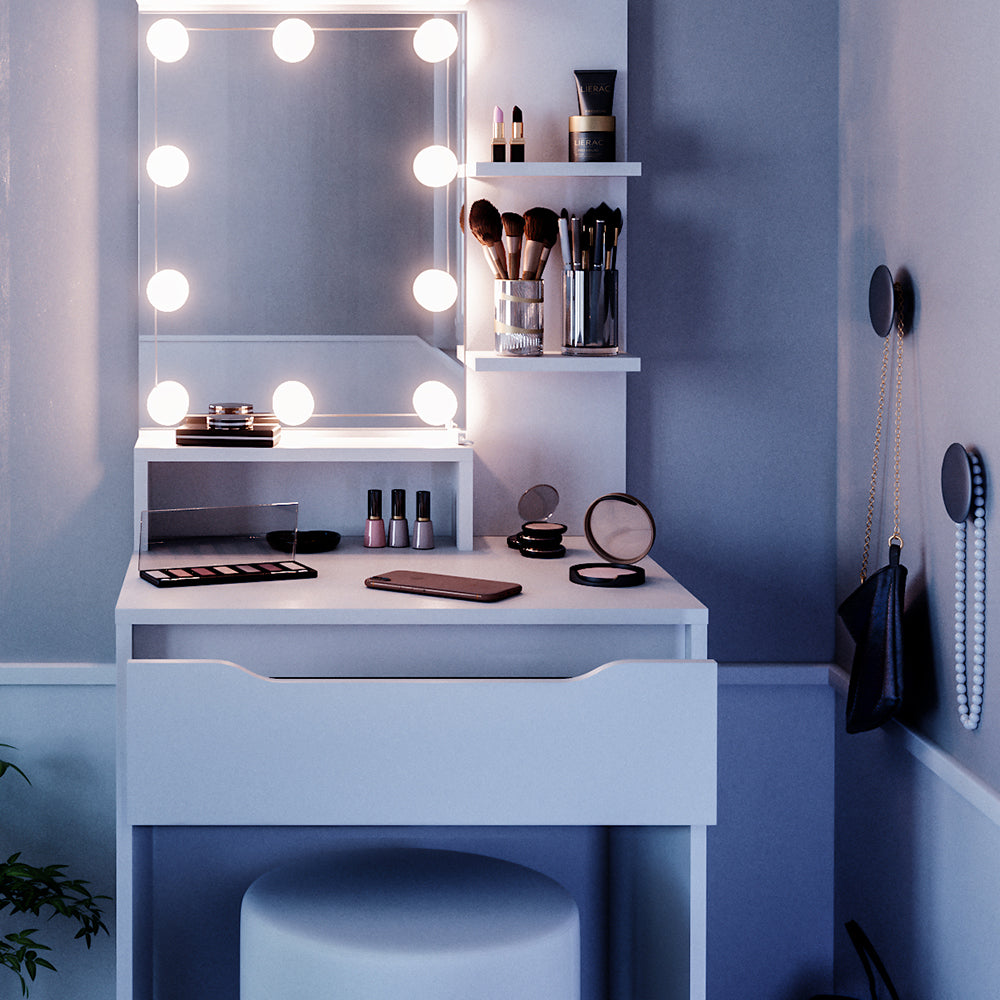 Vicco Tavolo da toeletta Bianco 60 cm con illuminazione LED e sgabello