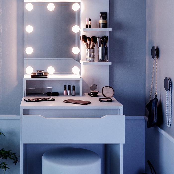 Vicco Tavolo da toeletta Bianco 60 cm con illuminazione LED e sgabello