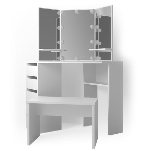 Vicco Tavolo da trucco ad angolo Bianco 110 cm con illuminazione a LED e panca