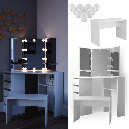 Vicco Tavolo da trucco ad angolo Bianco 110 cm con illuminazione a LED e panca