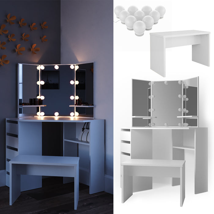 Vicco Tavolo da trucco ad angolo Bianco 110 cm con illuminazione a LED e panca