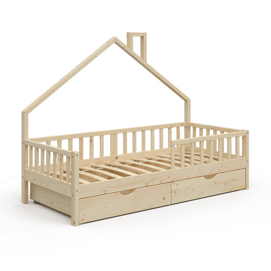 Vitalispa Letto montessori bambini Legno naturale 90x200 cm con 2 cassetti