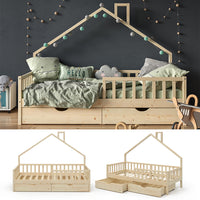 Vitalispa Letto montessori bambini Legno naturale 90x200 cm con 2 cassetti