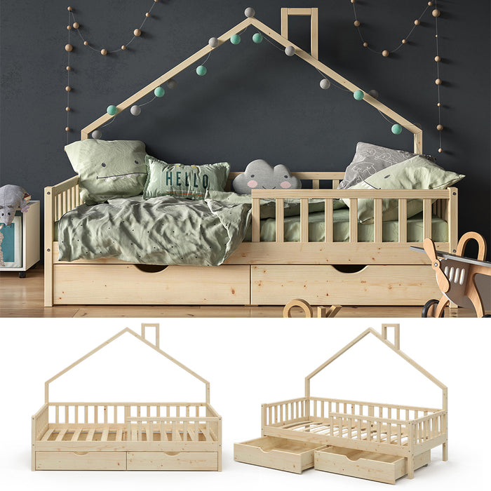 Vitalispa Letto montessori bambini Legno naturale 90x200 cm con 2 cassetti