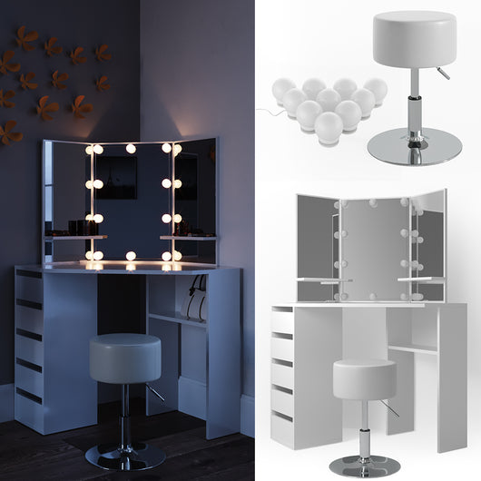Vicco Tavolo da trucco ad angolo Bianco 110 cm con illuminazione LED e sgabello