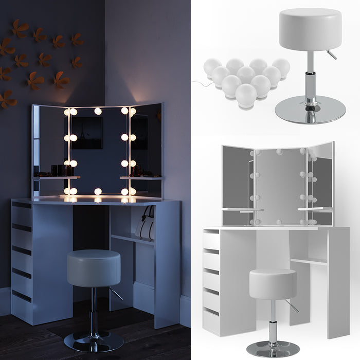 Vicco Tavolo da trucco ad angolo Bianco 110 cm con illuminazione LED e sgabello