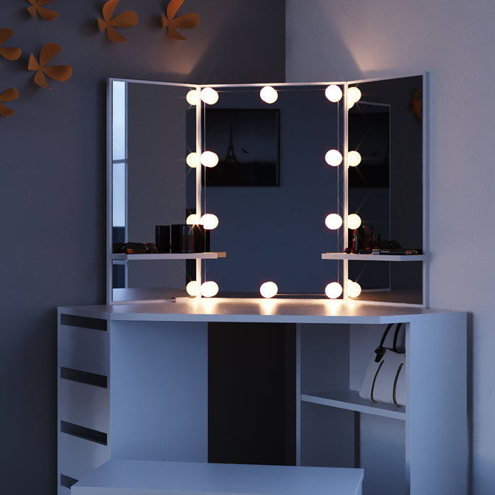 Vicco Tavolo da trucco ad angolo Bianco 110 cm con illuminazione a LED e panca