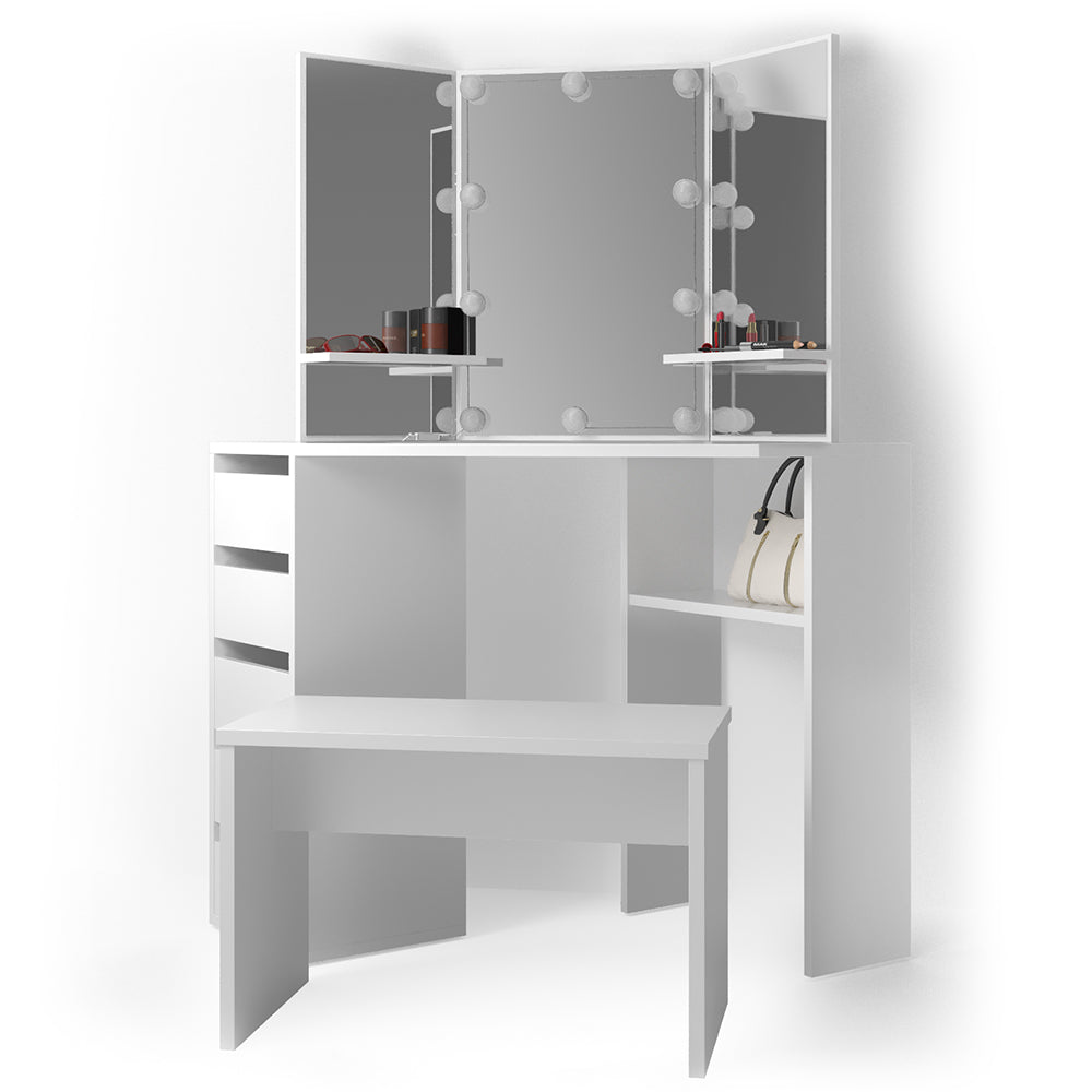Vicco Tavolo da trucco ad angolo Bianco 110 cm con illuminazione a LED e panca