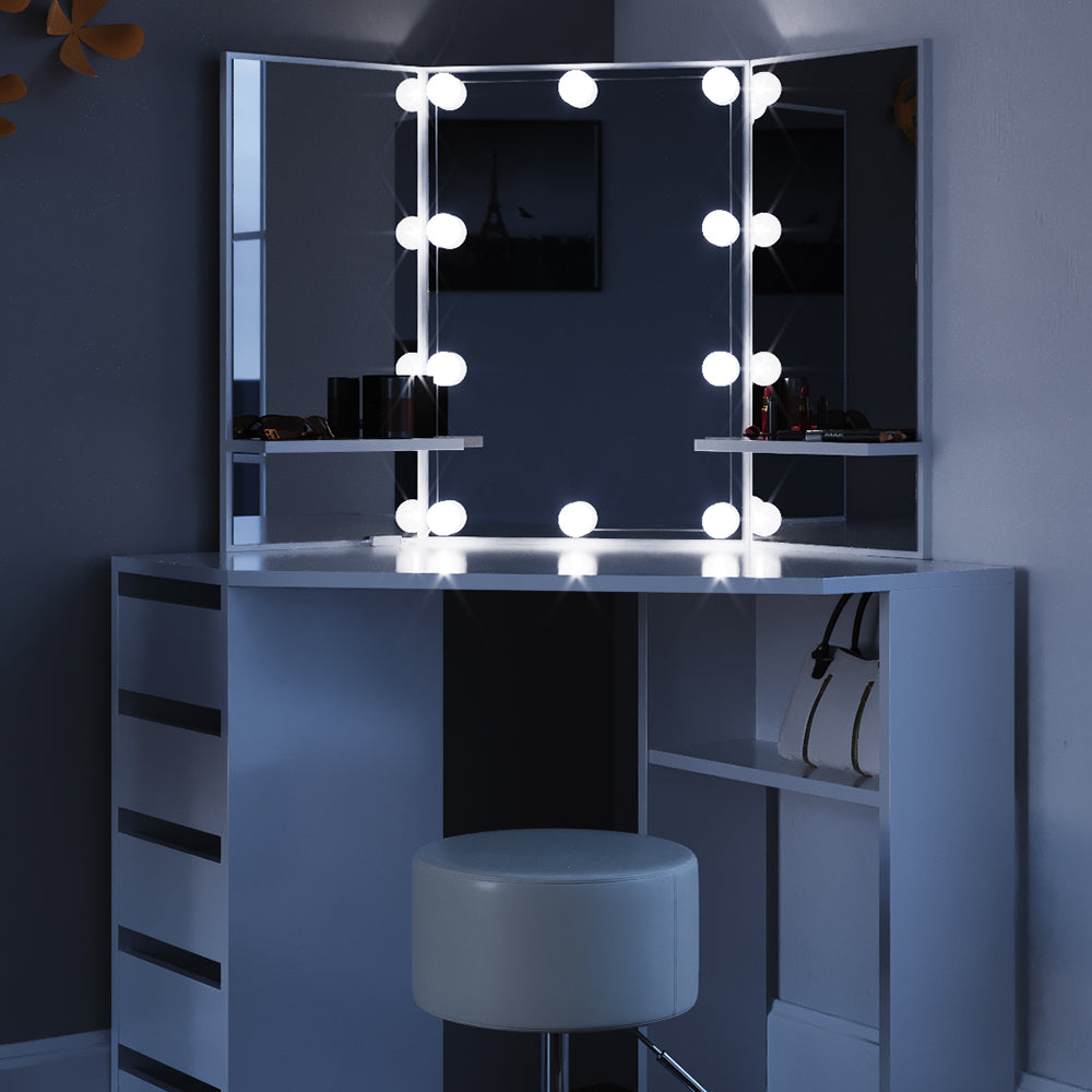 Vicco Tavolo da trucco ad angolo Bianco 110 cm con illuminazione LED e sgabello