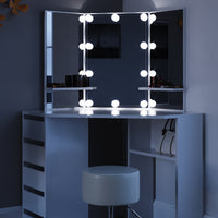 Vicco Tavolo da trucco ad angolo Bianco 110 cm con illuminazione LED e sgabello