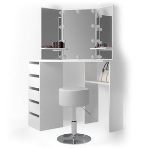 Vicco Tavolo da trucco ad angolo Bianco 110 cm con illuminazione LED e sgabello