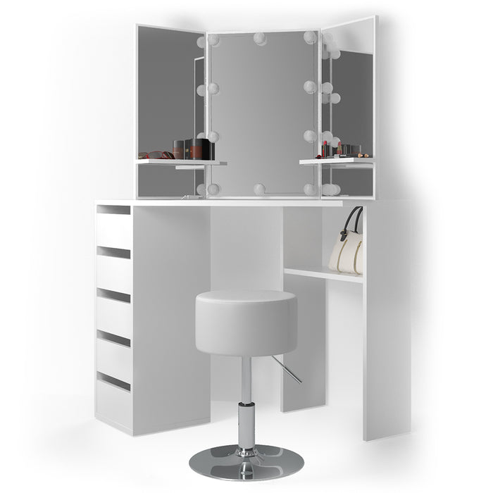 Vicco Tavolo da trucco ad angolo Bianco 110 cm con illuminazione LED e sgabello