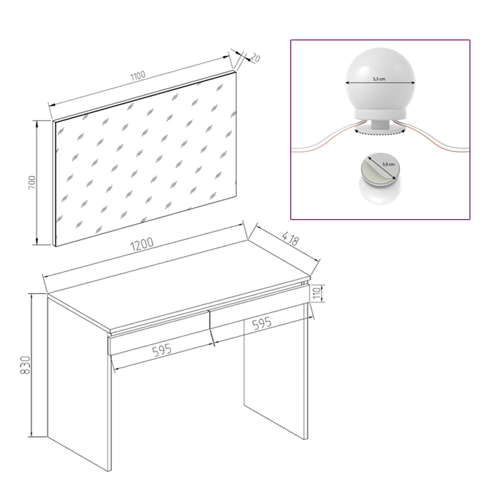Vicco Tavolo da toeletta Bianco 120 cm con illuminazione a LED