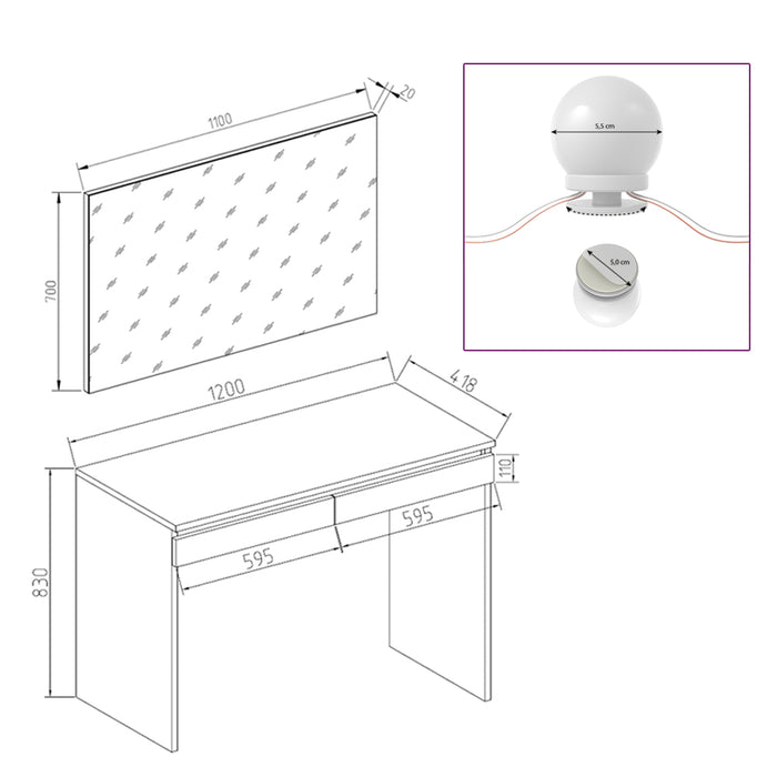 Vicco Tavolo da toeletta Bianco 120 cm con illuminazione a LED