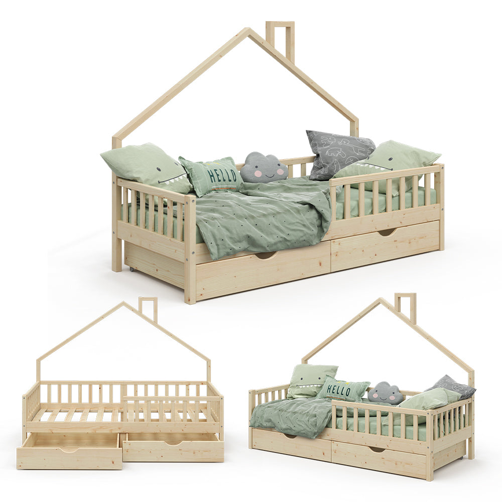 Vitalispa Letto montessori bambini Legno naturale 90x200 cm con 2 cassetti
