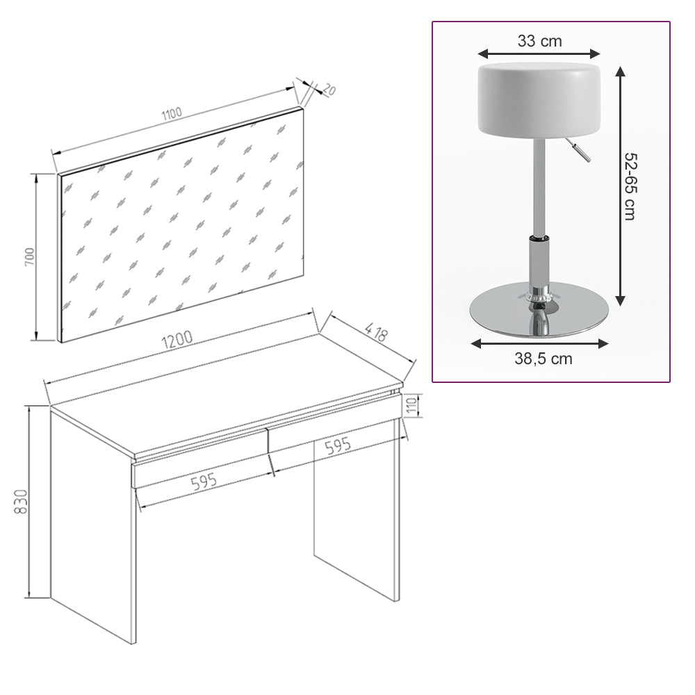 Vicco Tavolo da toeletta Bianco 120 cm con sgabello
