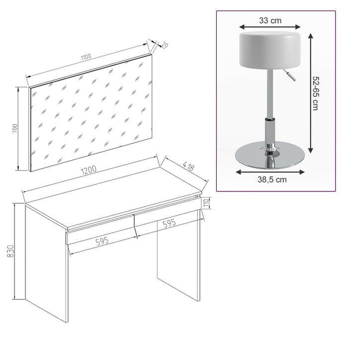 Vicco Tavolo da toeletta Bianco 120 cm con sgabello