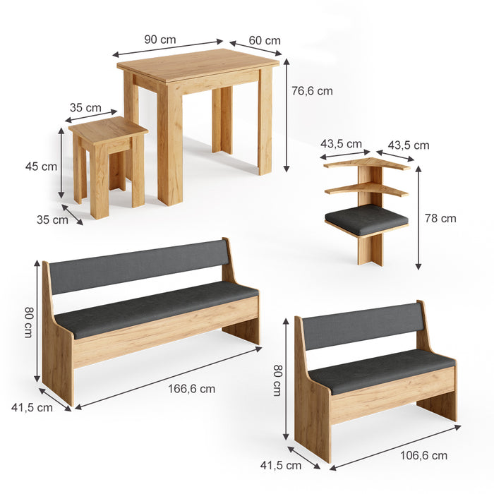 Vicco Gruppo panca ad angolo Quercia dorata 210 x 41.5 cm con tavolo