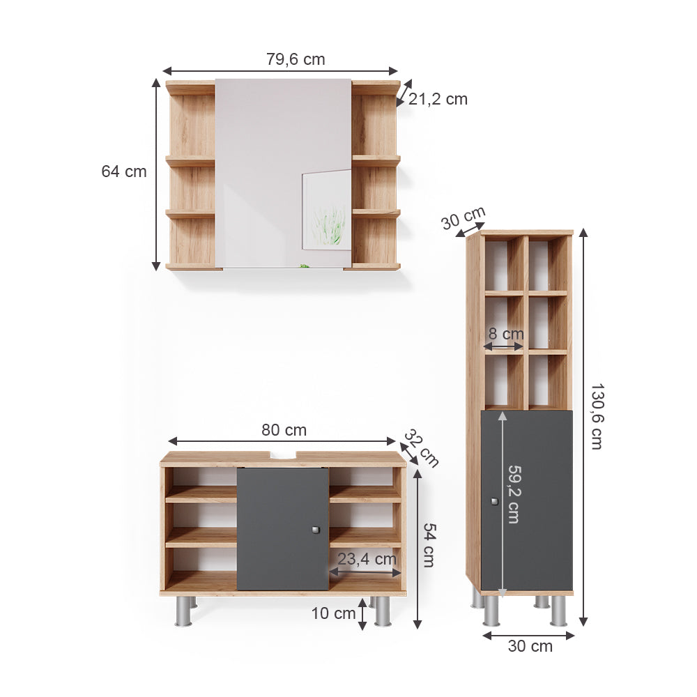 Vicco Set mobili bagno Quercia dorata 3 parti, con colonna