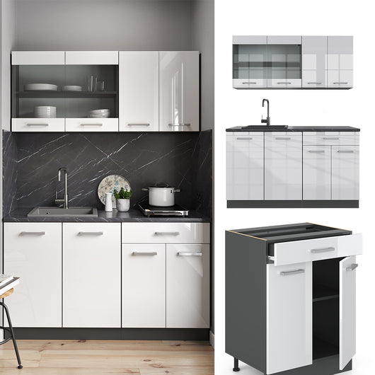 Vicco Cucina completa Bianco lucido/antracite 140 cm senza piano di lavoro