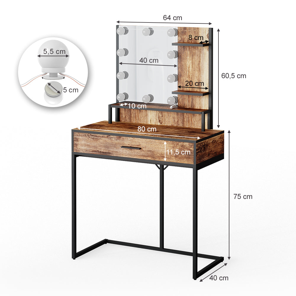 Vicco Tavolo da toeletta Legno antico 80 cm con lampade a LED