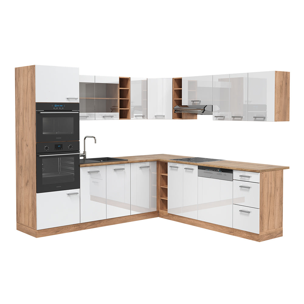Vicco Cucina angolare completa Bianco lucido/oro power oak 237 x 60 cm senza piano di lavoro