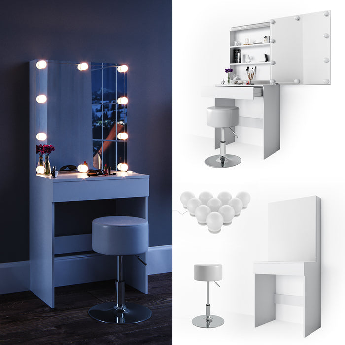 Vicco Tavolo da toeletta Bianco 68 cm con illuminazione LED e sgabello