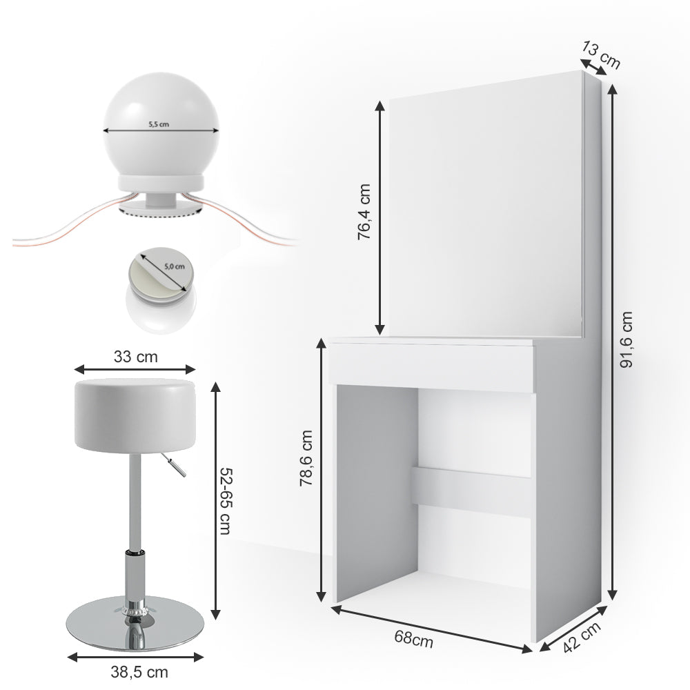 Vicco Tavolo da toeletta Bianco 68 cm con illuminazione LED e sgabello