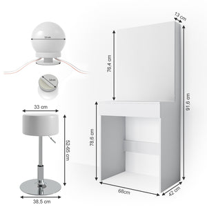 Vicco Tavolo da toeletta Bianco 68 cm con illuminazione LED e sgabello