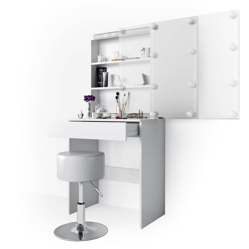 Vicco Tavolo da toeletta Bianco 68 cm con illuminazione LED e sgabello