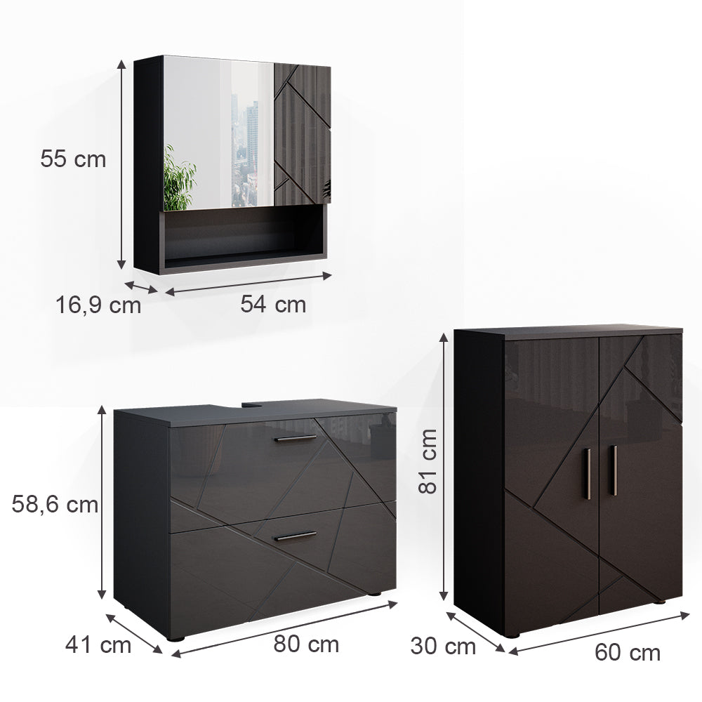 Vicco Set mobili bagno Antracite lucido 3 parti, con mobile base 80 cm