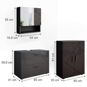 Vicco Set mobili bagno Antracite lucido 3 parti, con mobile base 80 cm
