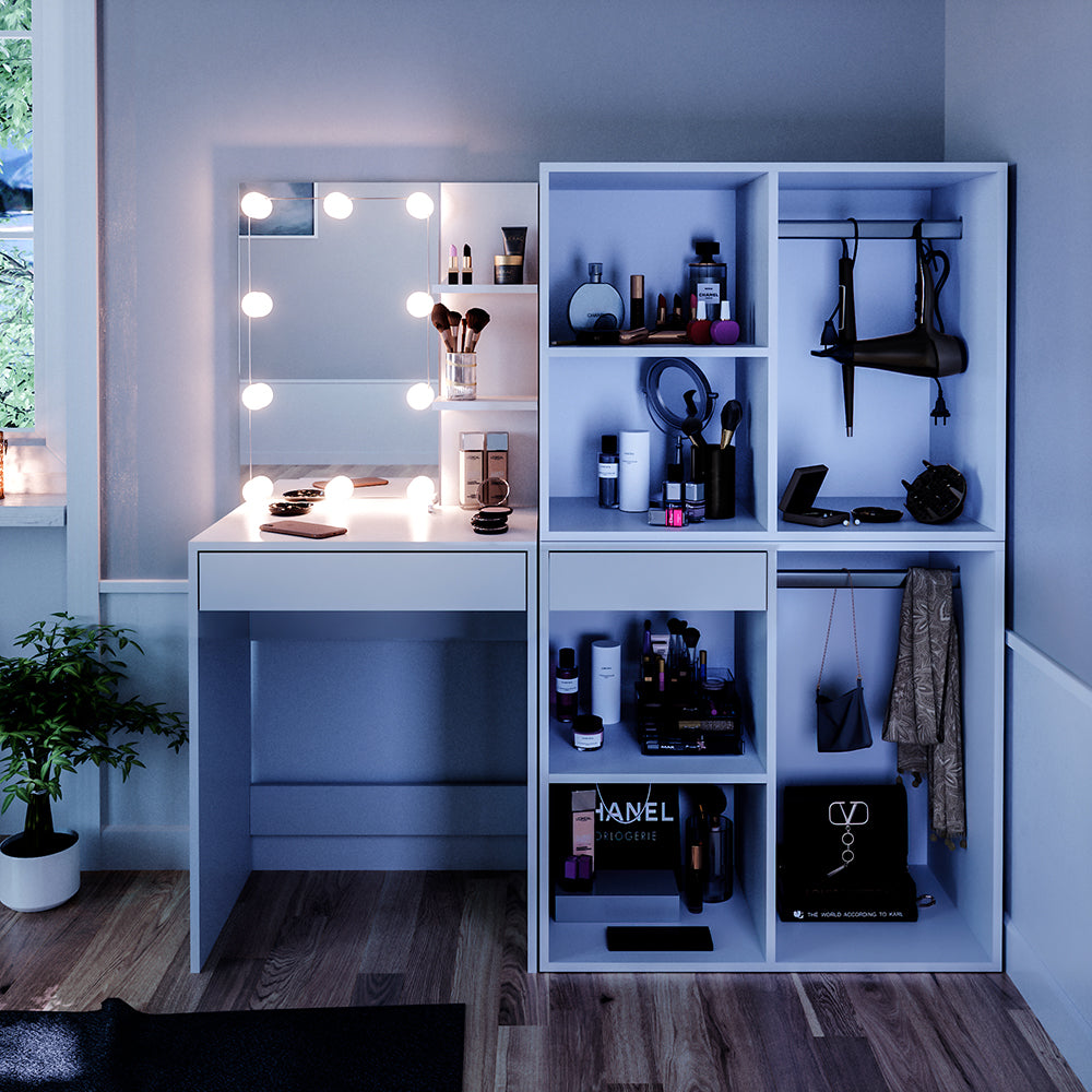 Vicco Tavolo da toeletta Bianco 60 cm con illuminazione LED e armadi